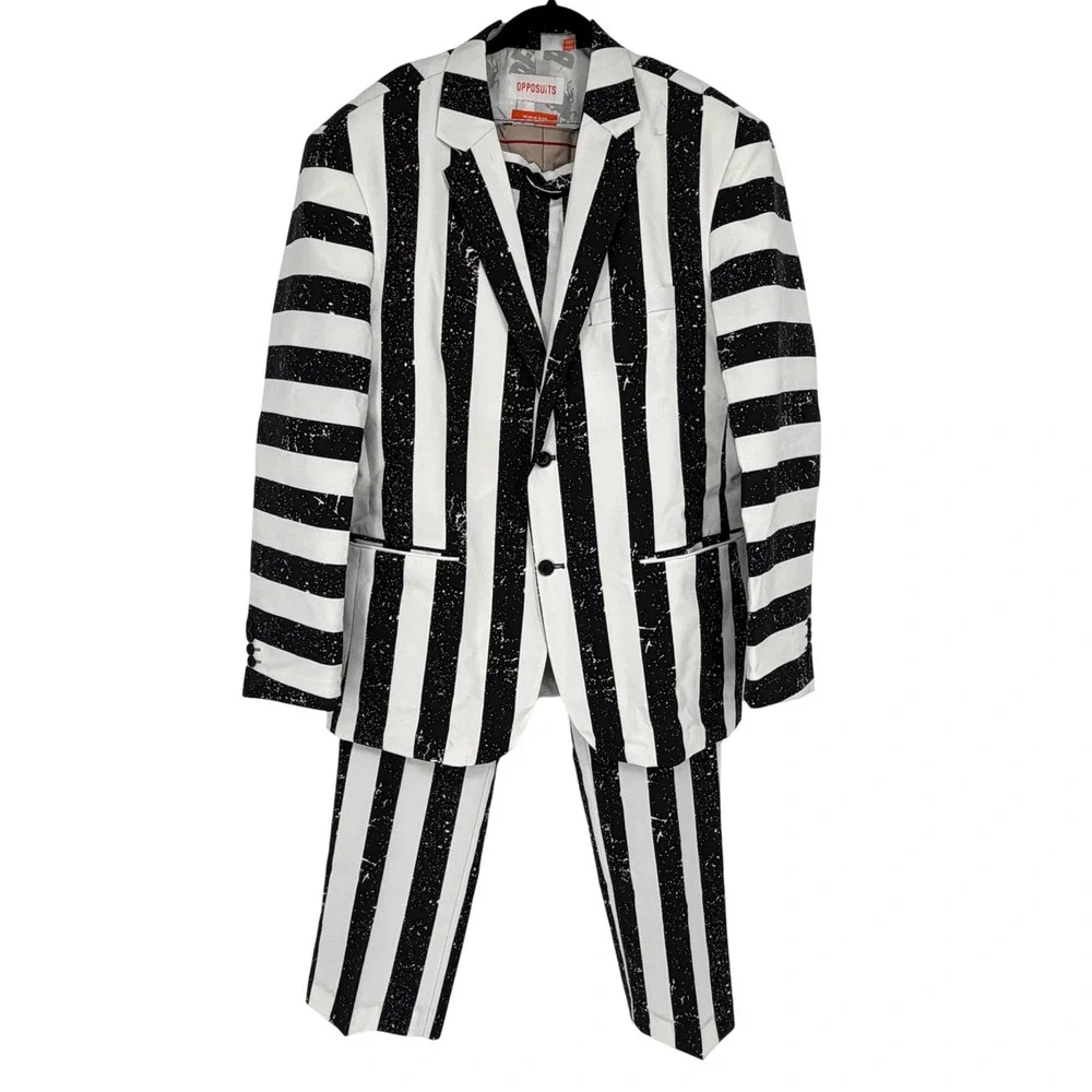 OppoSuits Beetlejuice Men's Suit Size 48 Black White Striped Costume 2 Piece